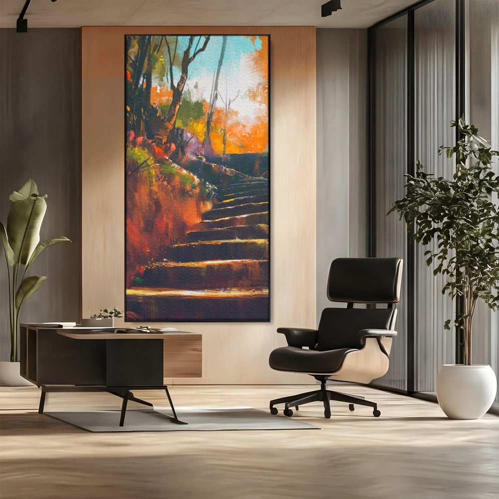 Tablou canvas cu tablou canvas cu scari de toamna, in rama de aluminiu negru, pe perete intr-un birou